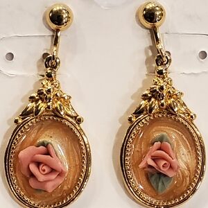 Vintage Enamel & Porcelain Rose Gold Plated Earrings